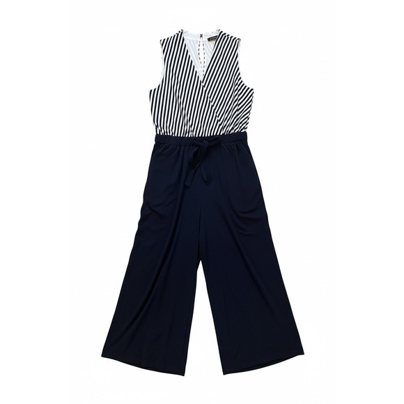 Sandra Darren Pants - Sandra Darren Jumpsuit Medium Navy Wide Leg Striped Sleeveless Tie Waist Pockets
